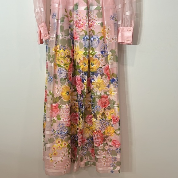 1970s Vintage Pink Sheer Organza Watercolor Floral Princess Gown women’s size 14 - Picture 8 of 14